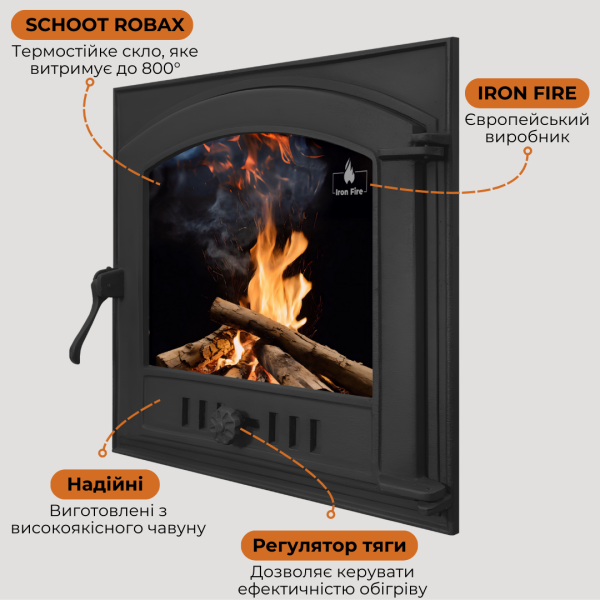 Дверцята чавунні для каміна з вогнетривким склом Iron Fire Дверцята топкові чавунні Style 50 485х485 мм 2300-02