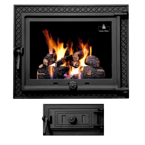Комплект чавунні дверцята з вогнетривким склом Iron Fire Megan 590х485 мм + піддувальні 315х165 мм 2340-02