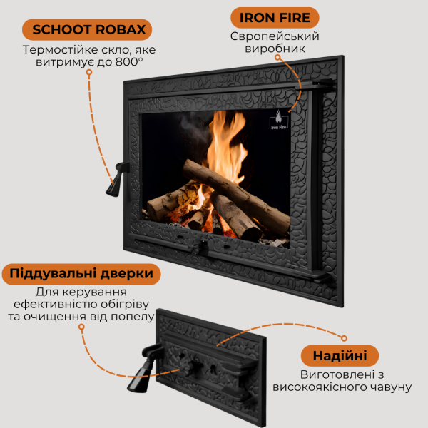 Комплект чавунні дверцята з вогнетривким склом Iron Fire Magnus 700x500 мм + піддувальні 375x175 мм 2312-02