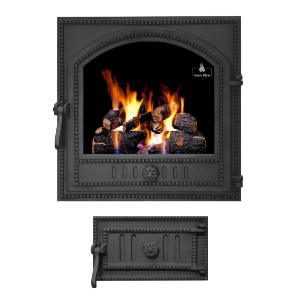 Комплект чавунні дверцята з вогнетривким склом Iron Fire Cameron 480х475 мм + піддувальні 315х180 мм 2352-02