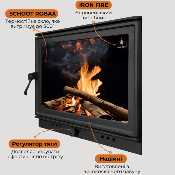 Дверцята чавунні для каміна з вогнетривким склом Iron Fire Дверцята топкові чавунні Neil 575х495 мм 2353-02