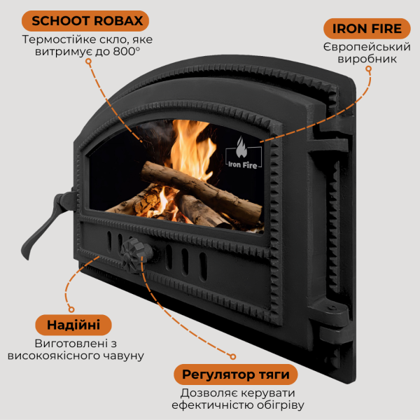 Дверцята чавунні для хлібної печі з вогнетривким склом Iron Fire Дверцята топкові чавунні Vinsit 455х285мм 2333-02