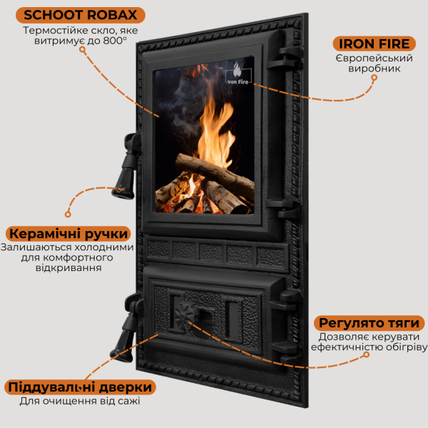 Дверцята чавунні пічні Aventa Дверцята чавунні пічні Iron Fire Дверцята для печі зі склом 295х500 мм 2345-02