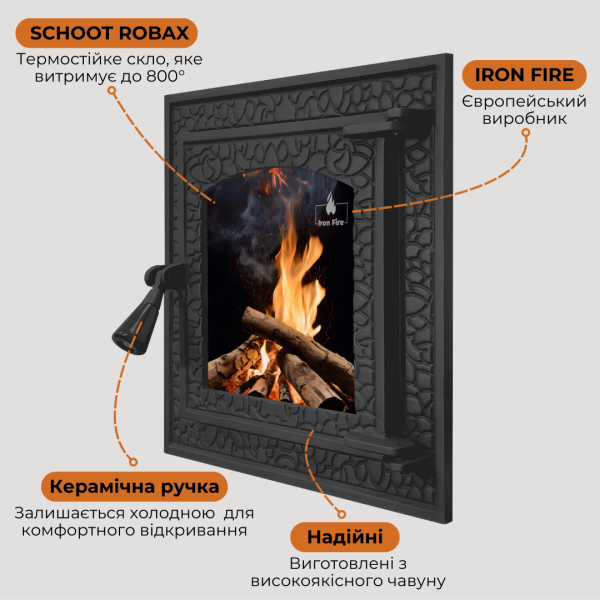 Дверцята чавунні для каміна з вогнетривким склом Iron Fire Дверцята топкові чавунні Bastion S 370x400 мм 2325-02