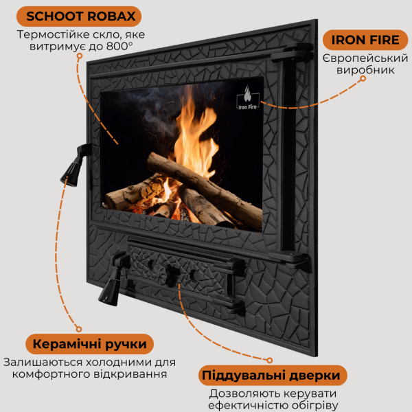 Дверцята чавунні для каміна з вогнетривким склом Iron Fire Дверцята топкові чавунні Panorama Lux 580х500 мм 2335-02