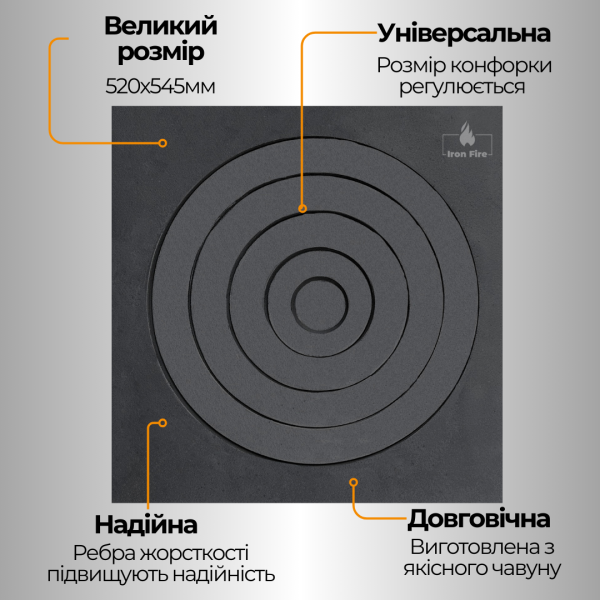 Чавунна варильна плита під казан для печі та груби 520х545 мм Варильні чавунні плити для печі Iron Fire 2356-02