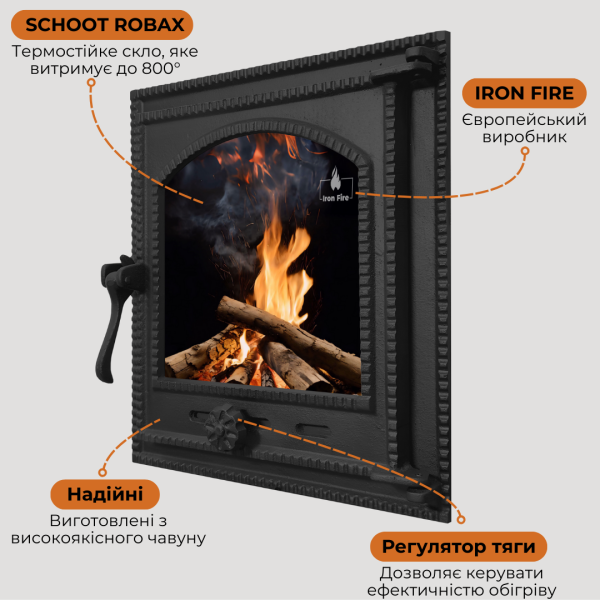 Дверцята чавунні для каміна з вогнетривким склом Iron Fire Дверцята топкові чавунні Style 35 350x390 мм 2307-02