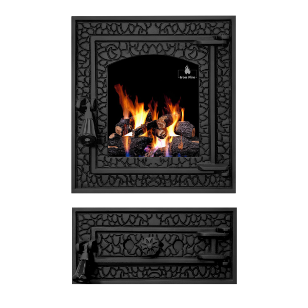Комплект чавунні дверцята з вогнетривким склом Iron Bastion S 370х400 мм + піддувальні 375х175 мм 2327-02