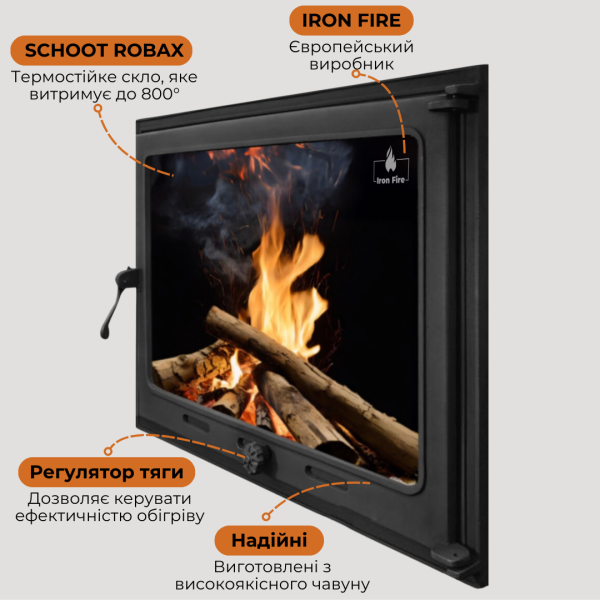 Дверцята чавунні для каміна з вогнетривким склом Iron Fire Дверцята топкові чавунні Style 75 730х540 мм 2308-02