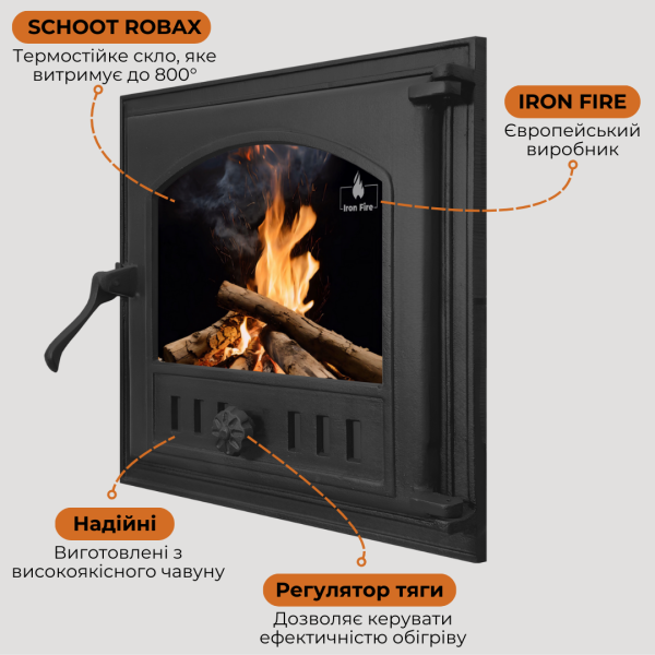 Дверцята чавунні для каміна з вогнетривким склом Iron Fire Дверцята топкові чавунні Style 40 390x390 мм 2299-02