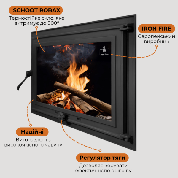 Дверцята чавунні для каміна з вогнетривким склом Iron Fire Дверцята топкові чавунні Adam 640х440 мм 2319-02