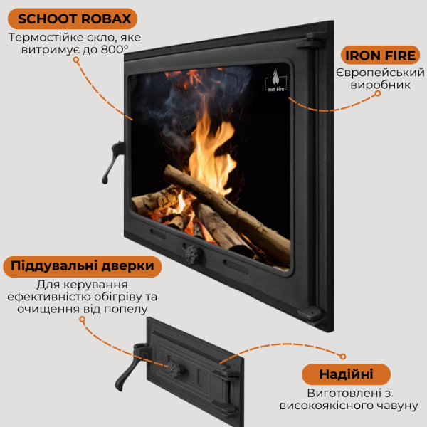 Комплект чавунні дверцята з вогнетривким склом Iron Fire Style 75 730х540 мм + піддувальні 315х165 мм 2339-02